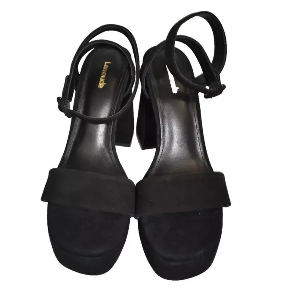 $350 Larroudé Dolly Ankle Strap Platform CHUNKY Sandal BLACK SUEDE 9 US (DC12)